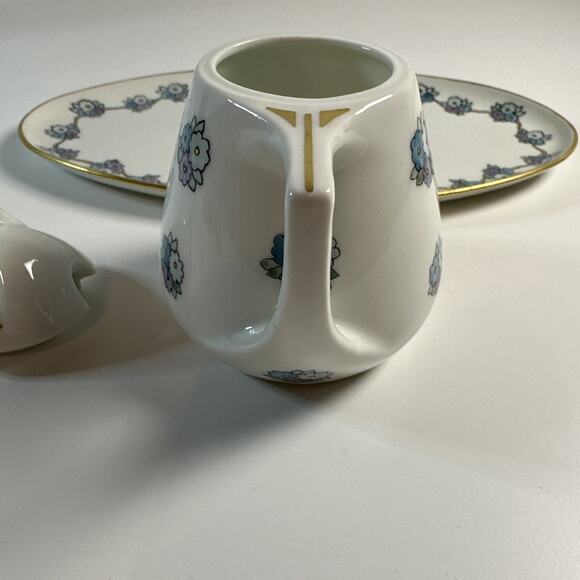 Vintage MZ Austria Dish & Creamer Set With Purple and Blue Hand Painted Flowers - Picture 9 of 10